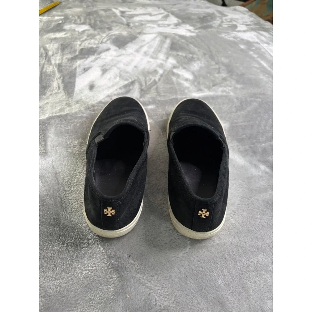 Tory Burch TRVL LITE Women's Size 8M Black Suede Slip On Sneakers Gold Logo Low